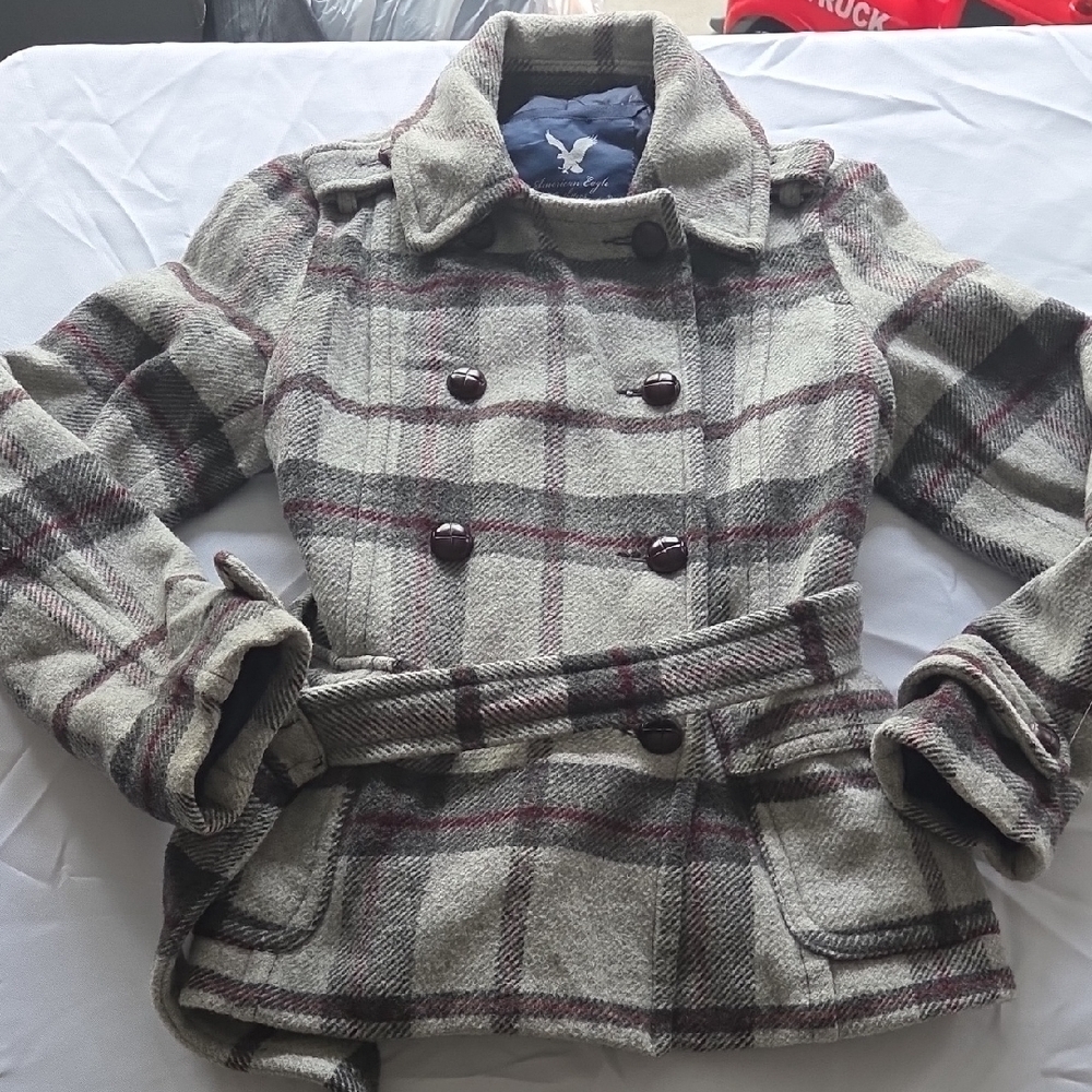 American Eagle Outfitters Gray Plaid Pea Coat